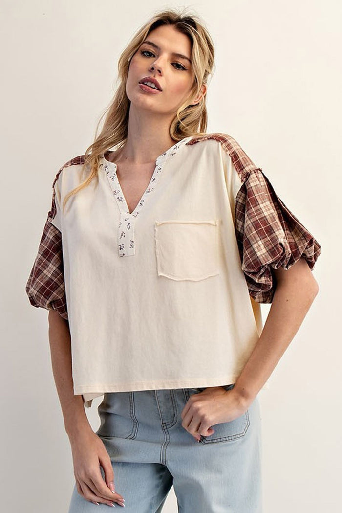 Mineral Washed Plaid Puff Sleeve Top