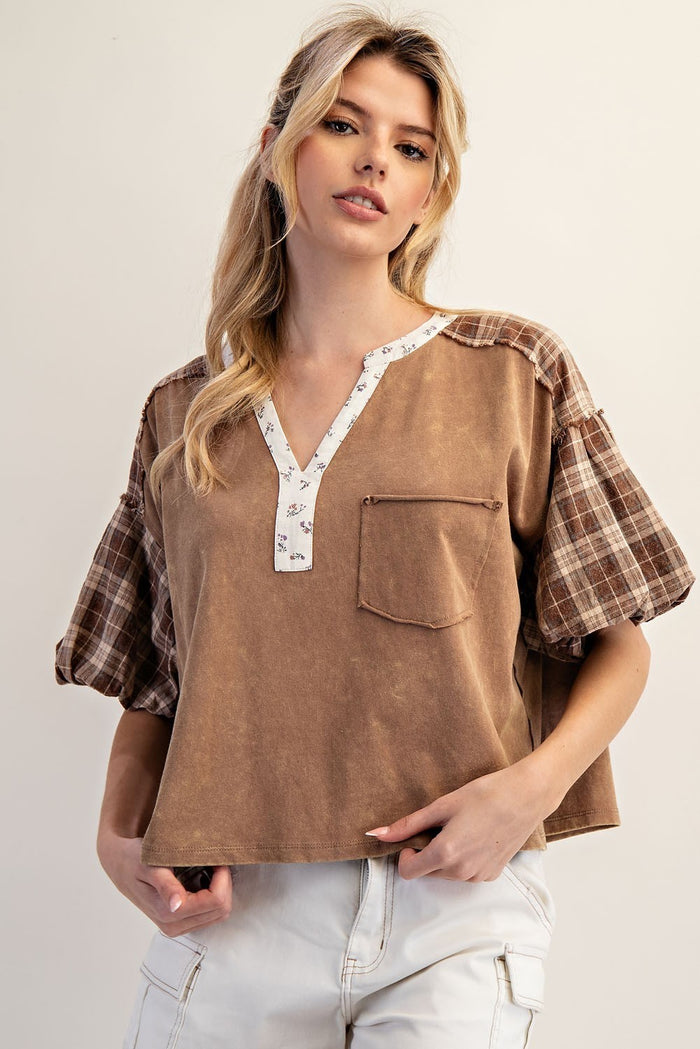 Mineral Washed Plaid Puff Sleeve Top