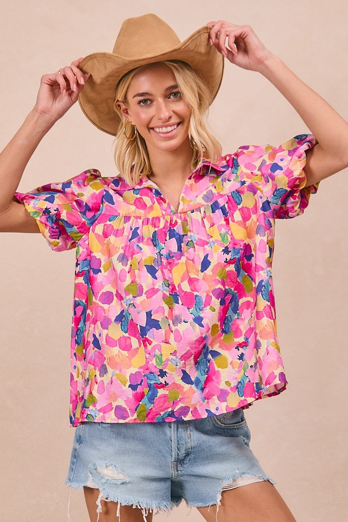 Floral Print Shirring Yoke Puff Sleeves Collared T