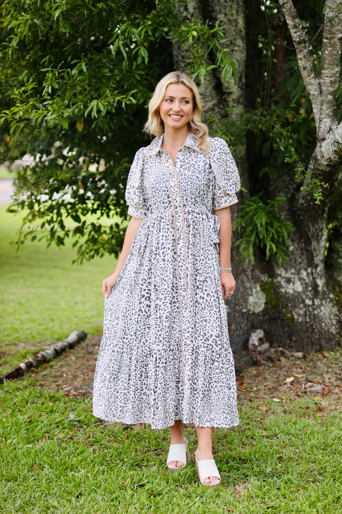 Animal print side bow midi dress