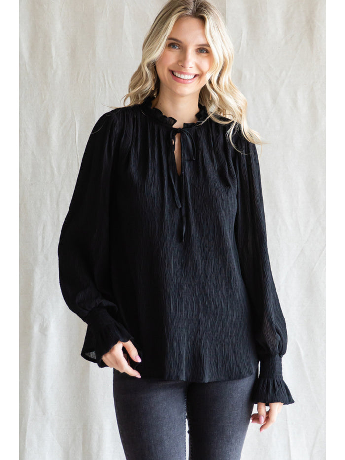 Textured top with frilled self-tie closure, wrinkle detail