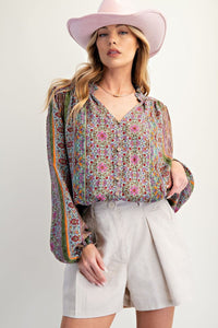 PRINTED BUTTON DOWN V NECK BLOUSE