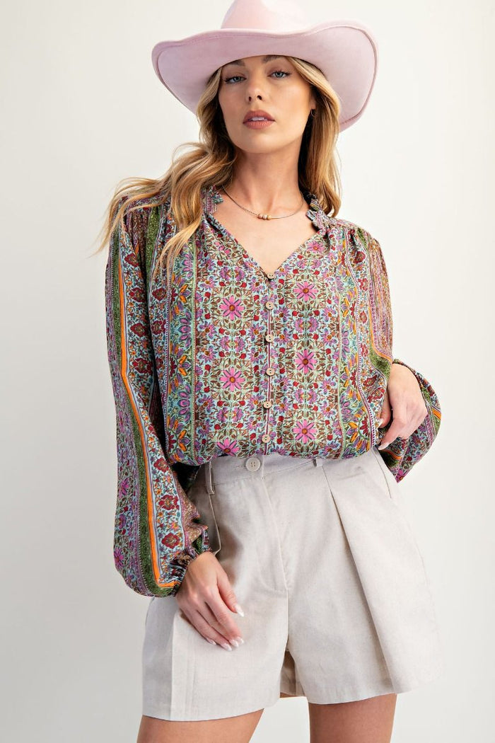 PRINTED BUTTON DOWN V NECK BLOUSE