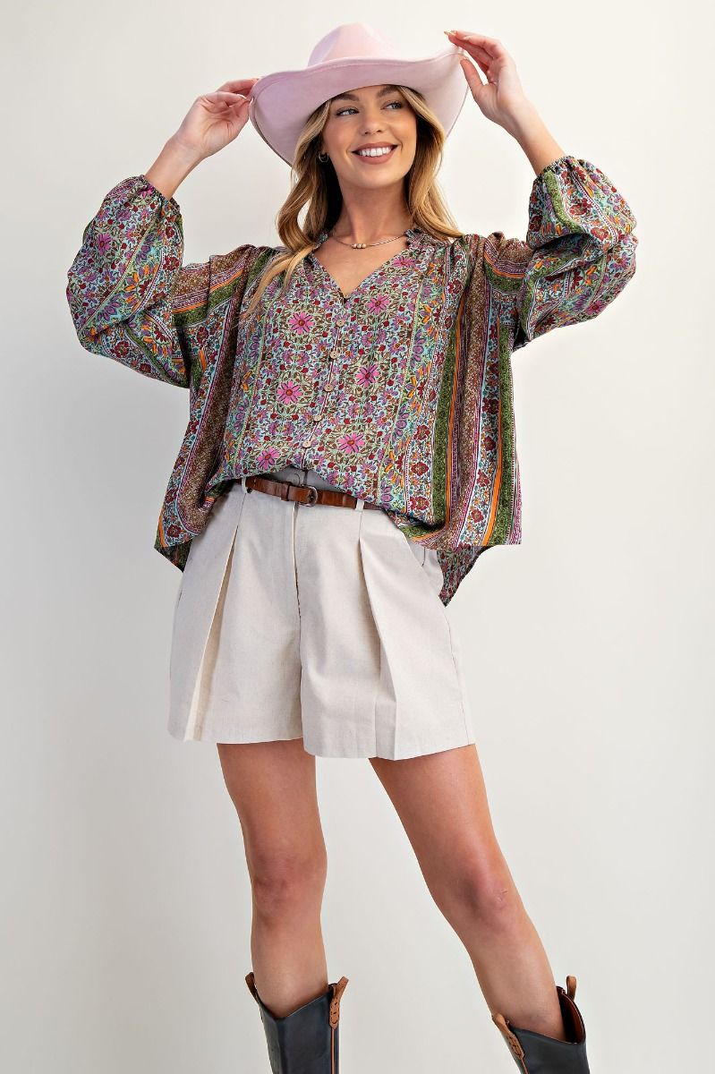 PRINTED BUTTON DOWN V NECK BLOUSE