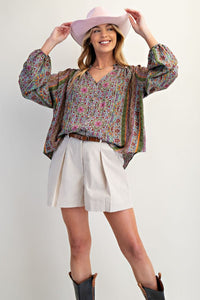 PRINTED BUTTON DOWN V NECK BLOUSE