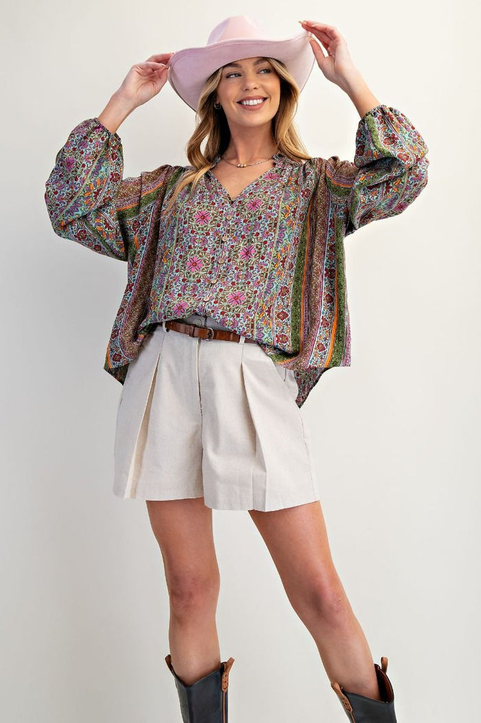 PRINTED BUTTON DOWN V NECK BLOUSE