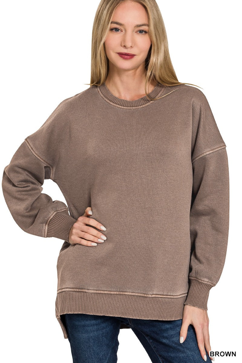 Pigment Dye Fleece Hi-low Hem Pullover With Pocket