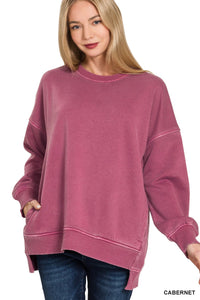 Pigment Dye Fleece Hi-low Hem Pullover With Pocket