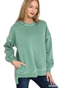 Pigment Dye Fleece Hi-low Hem Pullover With Pocket