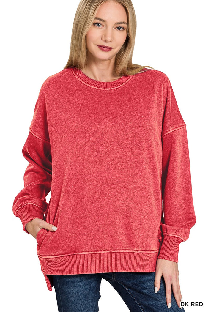 Pigment Dye Fleece Hi-low Hem Pullover With Pocket