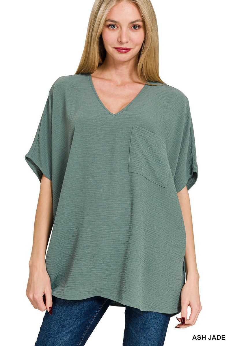 Woven Airflow V-neck Dolman Short Sleeve Top