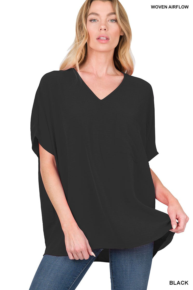 Woven Airflow V-neck Dolman Short Sleeve Top