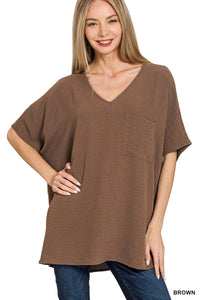 Woven Airflow V-neck Dolman Short Sleeve Top