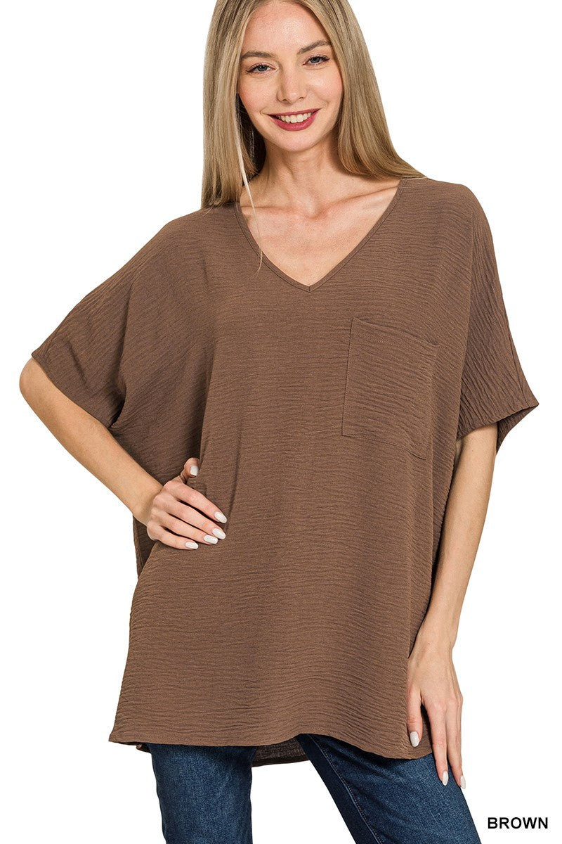Woven Airflow V-neck Dolman Short Sleeve Top