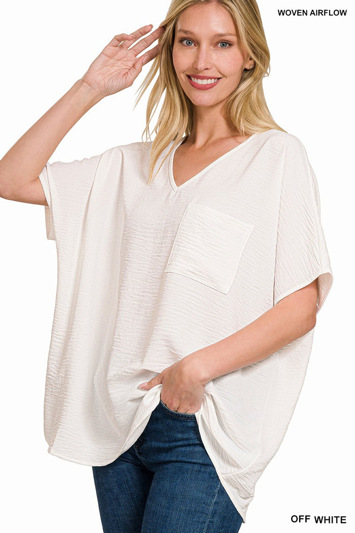 Woven Airflow V-neck Dolman Short Sleeve Top
