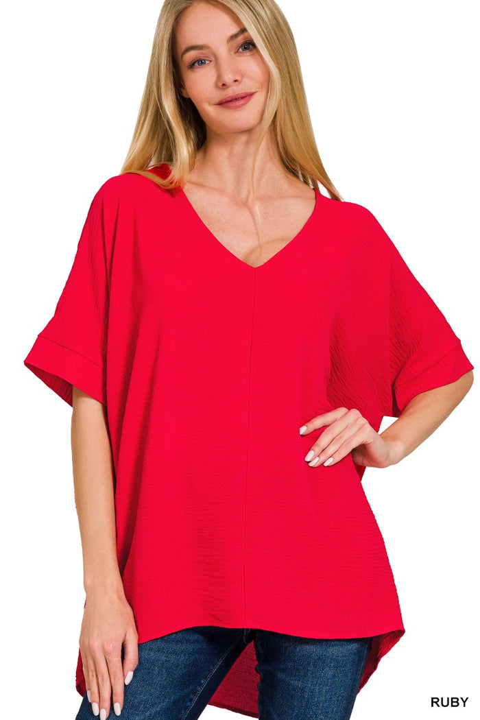 Woven Airflow V-neck Dolman Short Sleeve Top