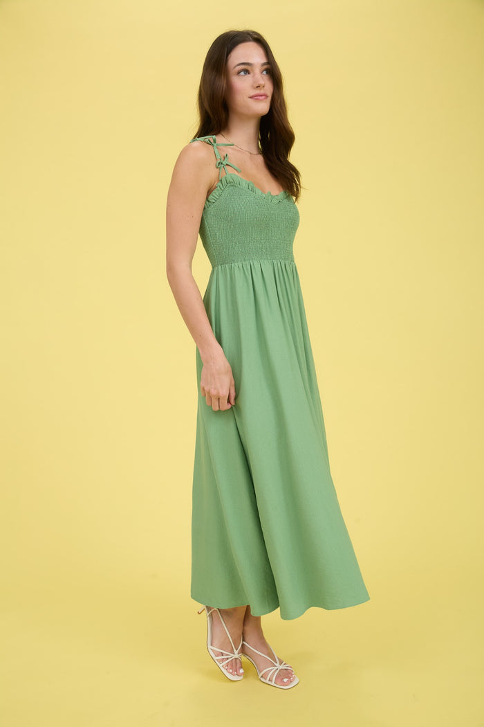 Sweetheart Smocked Bow Strap Detail Midi Dress