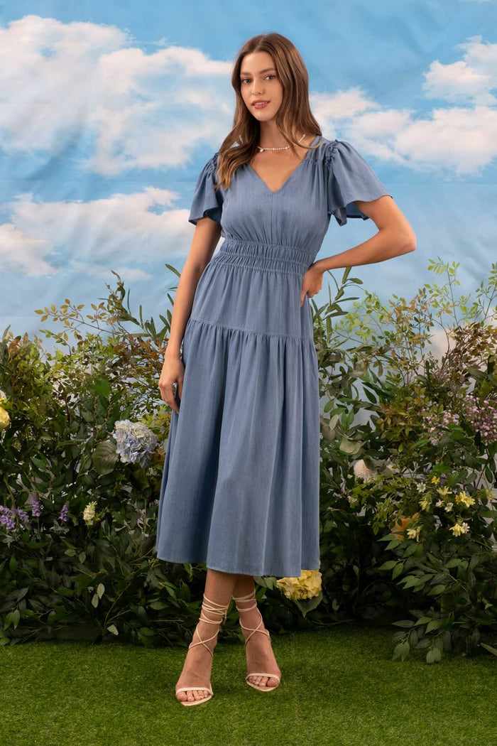 V Neck Empire Waist Short Sleeve Midi Dress