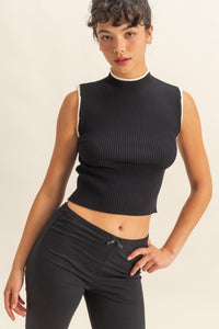 Contrasting Trim Cap Sleeve Ribbed Knit Top