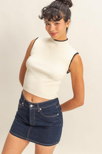Contrasting Trim Cap Sleeve Ribbed Knit Top
