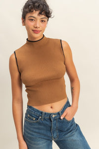 Contrasting Trim Cap Sleeve Ribbed Knit Top