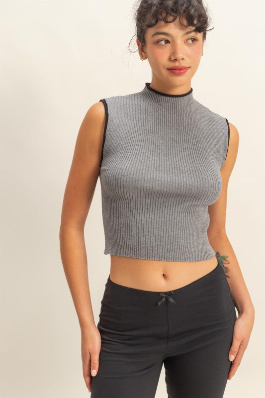 Contrasting Trim Cap Sleeve Ribbed Knit Top