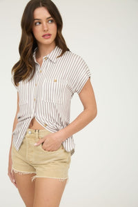 Stripe Collared Short Sleeve Button Down Top