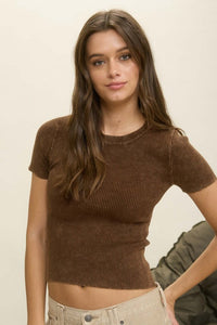 Washed Ribbed Short Sleeve Cropped Knit Tee