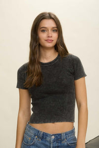Washed Ribbed Short Sleeve Cropped Knit Tee