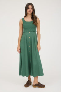 Smocked Sleeveless Button Down Midi Dress