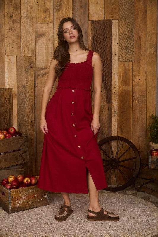 Smocked Sleeveless Button Down Midi Dress