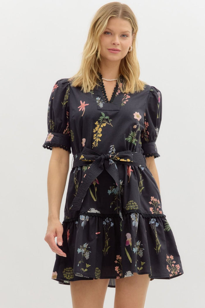 Floral print short puff sleeve mini pullover dress