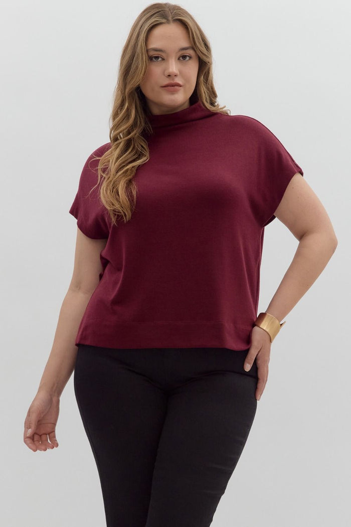 Solid knit mock neck pullover top.
