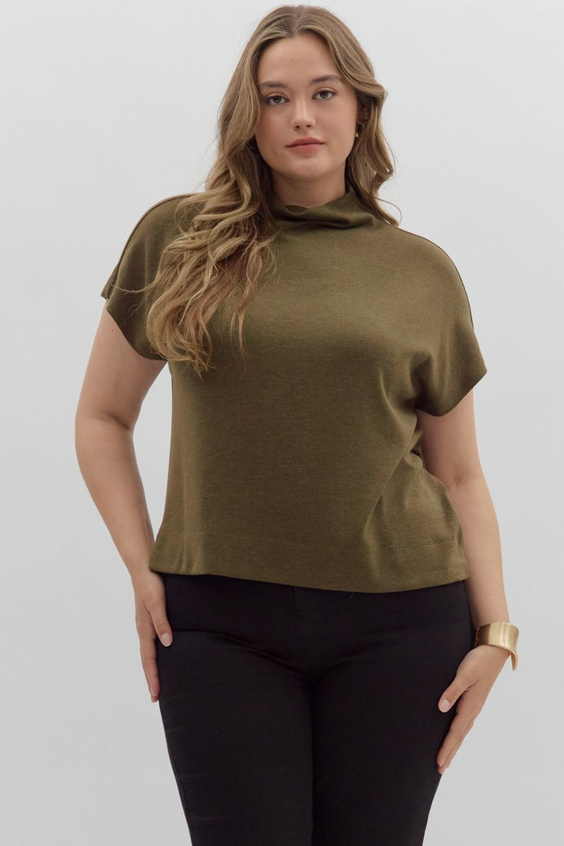 Solid knit mock neck pullover top.