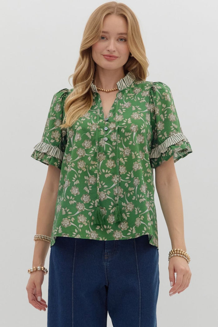 Floral print puff shoulder short sleeve pullover top