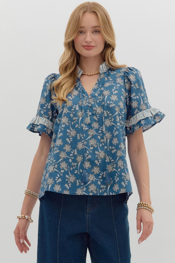 Floral print puff shoulder short sleeve pullover top