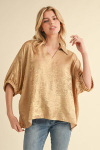 Plus Metallic top with open collared neck, Half dolman sleeves, and stretch-band cuffs.