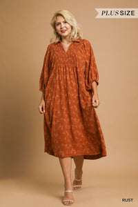 Jacquard V-Neck Smocked Midi Dress