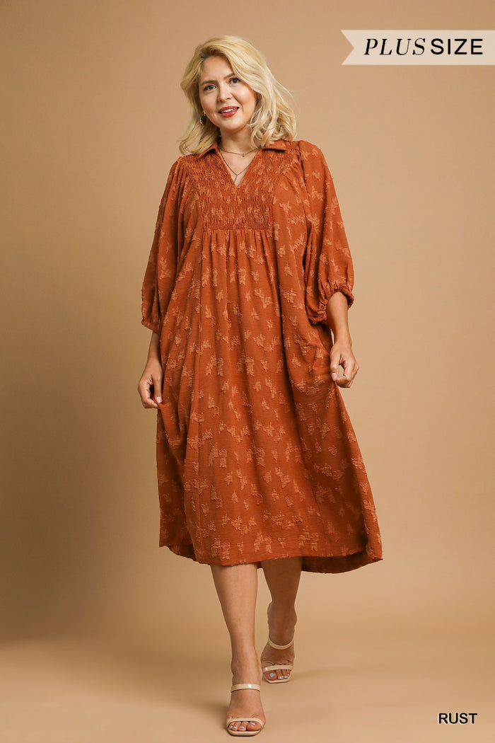 Jacquard V-Neck Smocked Midi Dress