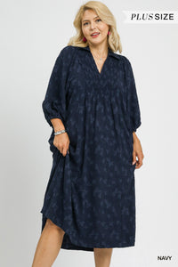 Jacquard V-Neck Smocked Midi Dress