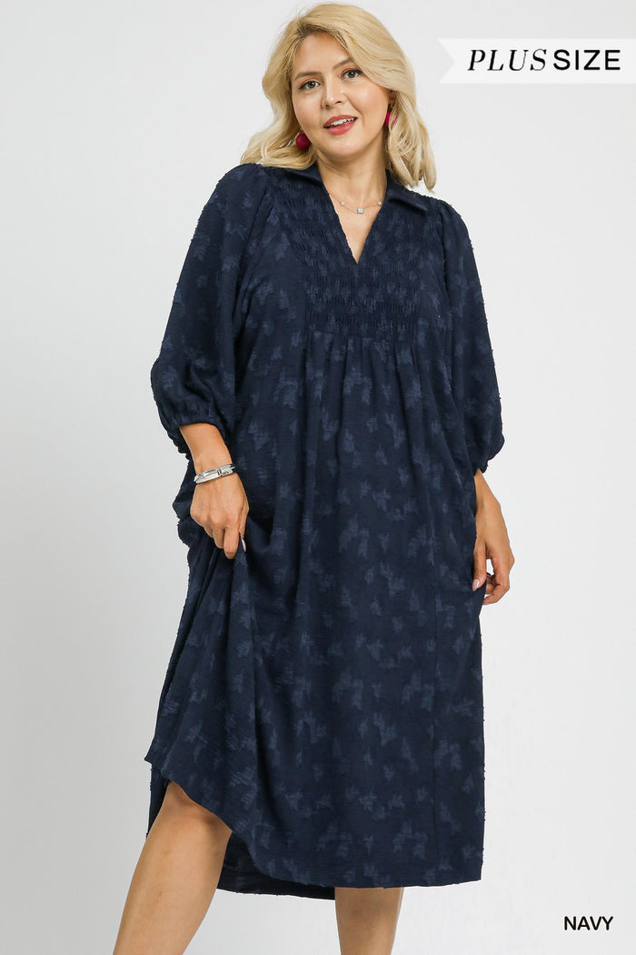Jacquard V-Neck Smocked Midi Dress