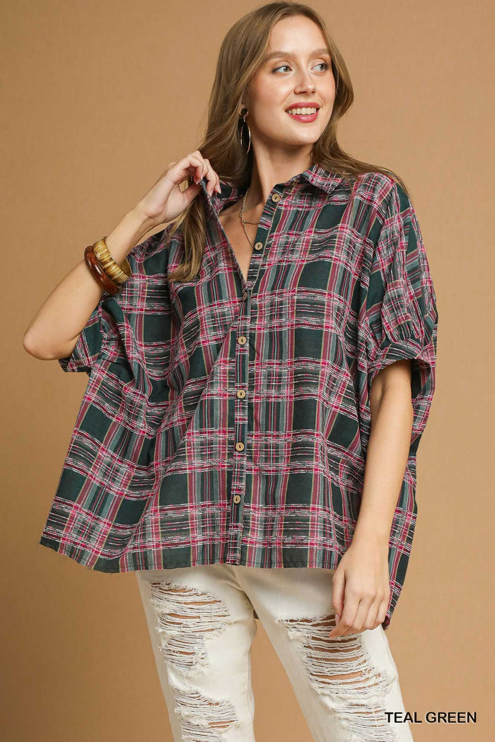 Plaid Button-Down Shirt with Frayed Hem