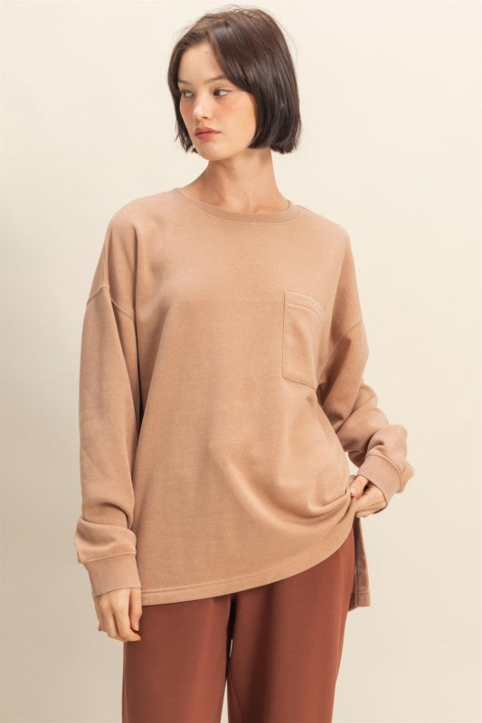 Basic Crew Neck Single Pocket Pullover Sweatshirt