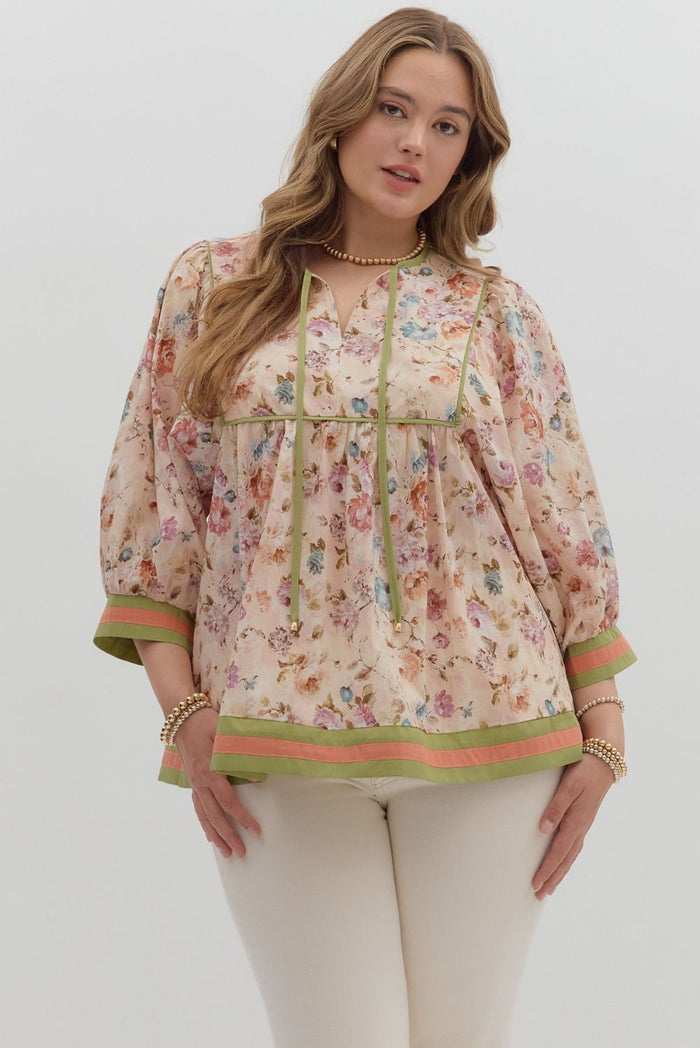 Vintage floral pattern ¾ sleeve empire waist loose top
