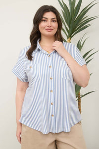 Plus Stripe Collared Short Sleeve Button Down Top