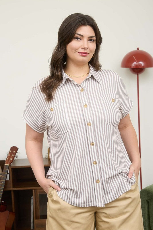 Plus Stripe Collared Short Sleeve Button Down Top