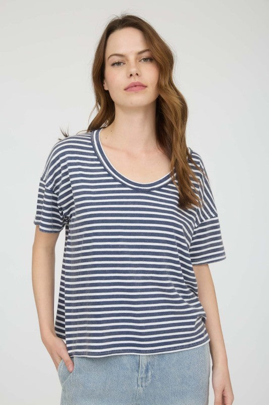 Washed Stripe Short Sleeve Scoop Neck Knit Top