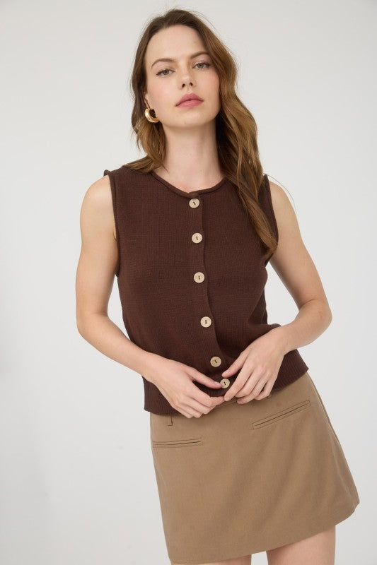 Raw Edge Button Down Knit Cardigan Vest Top