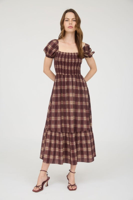 Plaid Smocked Puff Sleeve Ruffle Hem Midi Dress