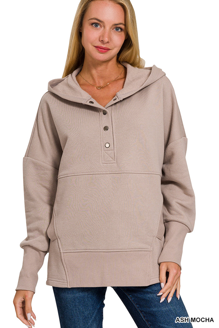 HALF BUTTON HOODED PULLOVER WITH KANGAROO POCKET